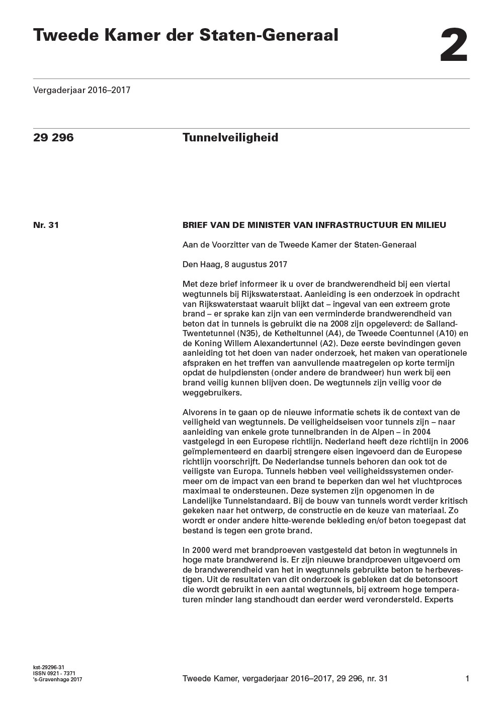 Informatie over de brandwerendheid bij een viertal wegtunnels bij Rijkswaterstaat